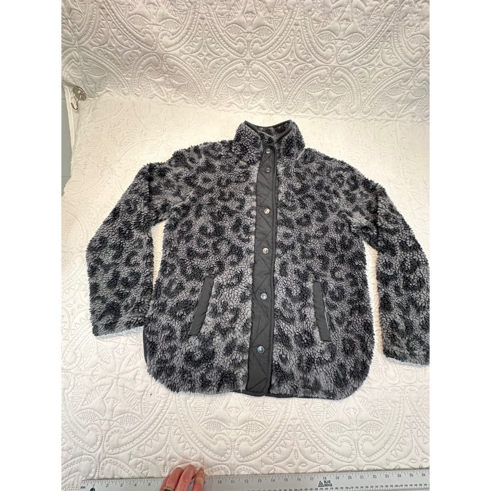 Member's Mark Cozy Sherpa Grey Leopard Print Snap Front Fleece Jacket Medium